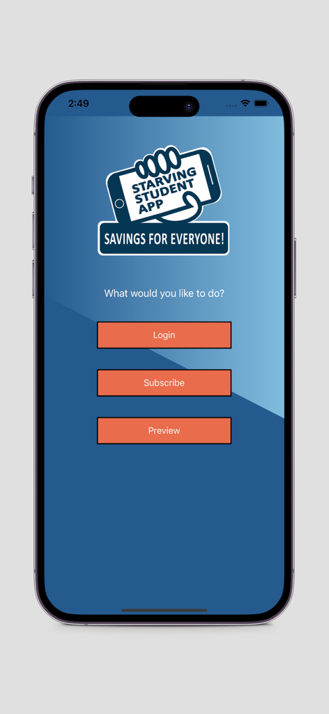 Starving Student Card App - Starving Student Card app welcome screen with login subscribe and preview buttons