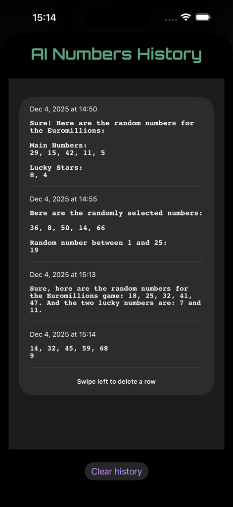 AIMillions - Screen display of the AIMillions app showing a chronological history of AI generated random lottery numbers for EuroMillions.