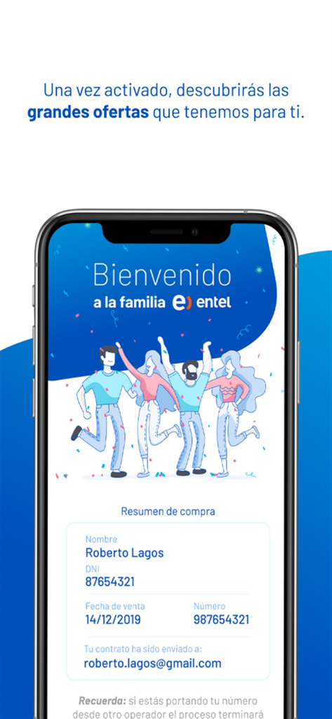 Activa tu chip Entel - Pantalla de bienvenida y resumen de compra de la aplicación móvil Activa tu chip Entel