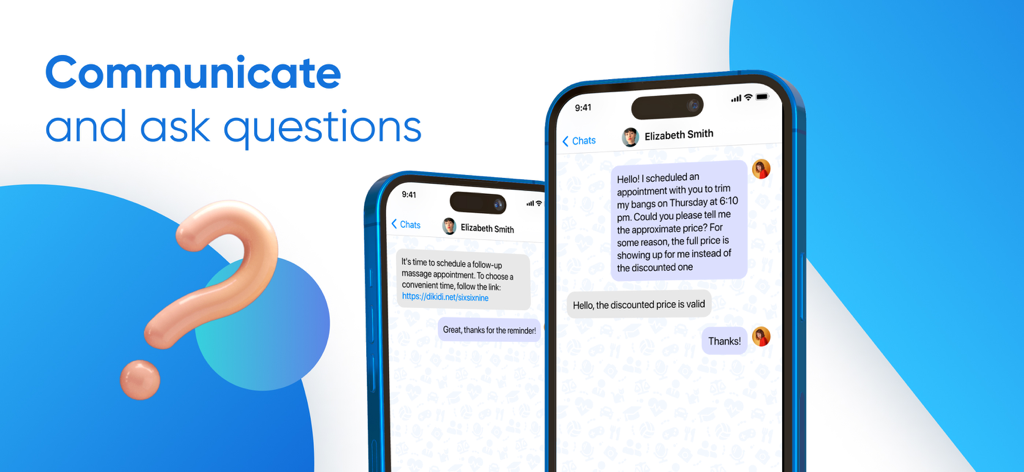 DIKIDI Online - Smartphone screens showing the DIKIDI Online app chat interface for communicating with specialists and managing service appointments.