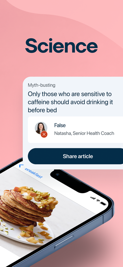 Second Nature - Second Nature app interface showing science-based health tips and healthy breakfast recipes.