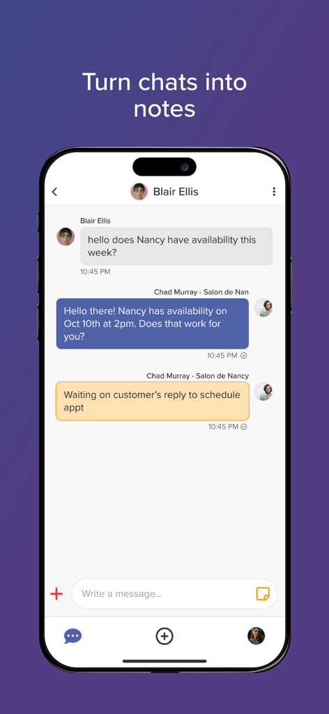 Connect: Business Messenger - Connect Business Messenger app interface showing a client chat conversation being turned into internal business notes for appointment scheduling