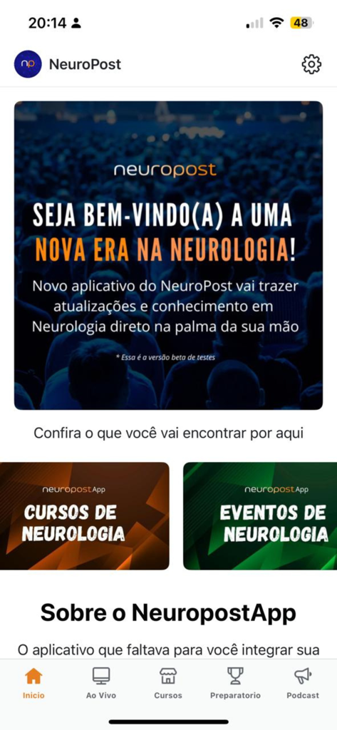 NeuroPost - Tela inicial do aplicativo NeuroPost com cursos de neurologia e eventos médicos