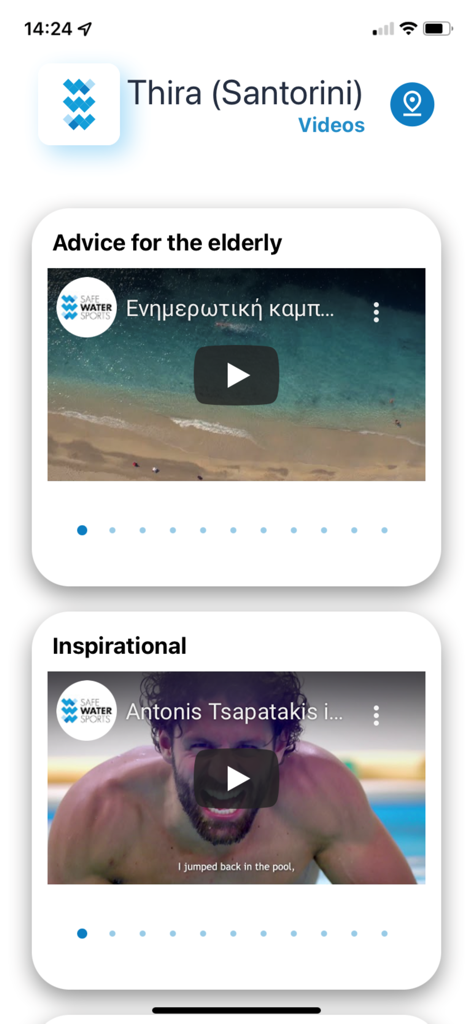 SafeWaterSports - SafeWaterSports app screen with video sections for water safety advice and inspirational stories