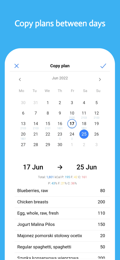 EatFit | Calorie counter - Interface de l'application EatFit de compteur de calories montrant la fonction de copie de plan de repas entre les jours du calendrier.