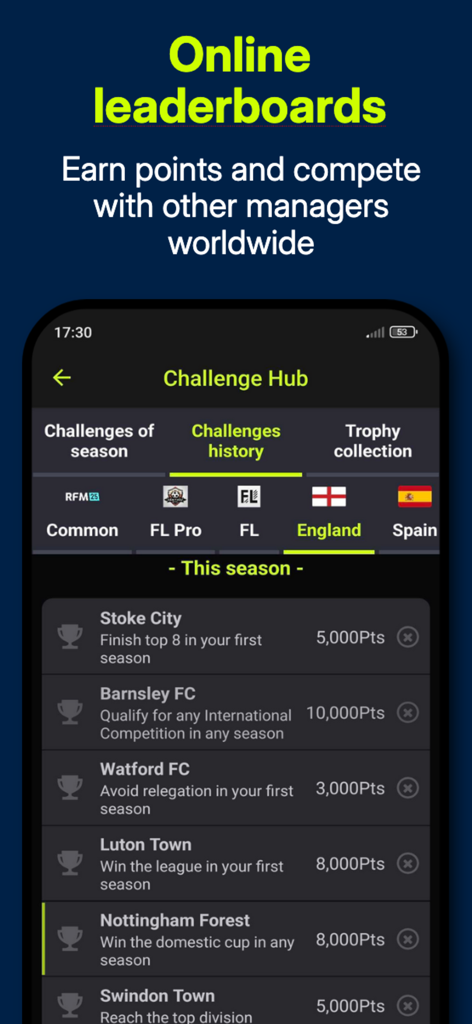 RFM26 Football Manager - Online leaderboards and challenge hub in RFM26 Football Manager showing seasonal goals for various football clubs