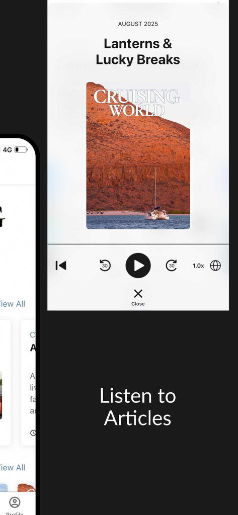 Cruising World Magazine - Cruising World Magazine app interface for listening to sailing articles with an audio player