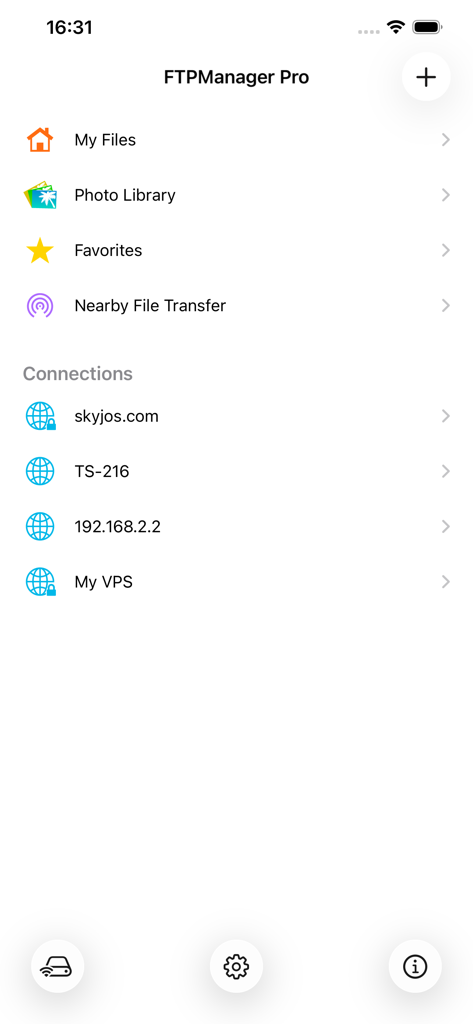 FTPManager Pro - Pantalla principal de FTPManager Pro mostrando carpetas de archivos y una lista de conexiones de servidor.
