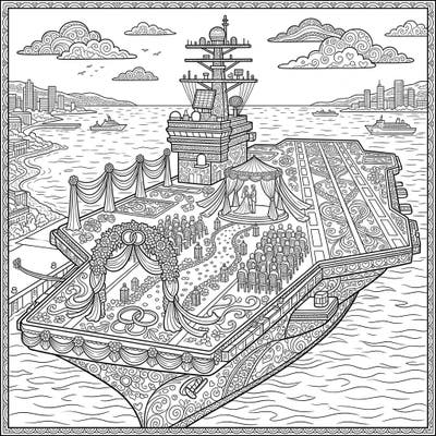 Experience a truly unique celebration of love with this intricate coloring page depicting a wedding ceremony held on the sprawling deck of an aircraft carrier. Discover elegant floral arches, rows of guests, and a happy couple ready to be brought to life with your favorite colors.