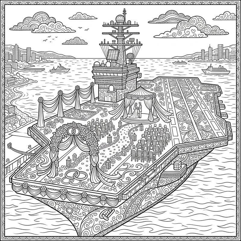 Experience a truly unique celebration of love with this intricate coloring page depicting a wedding ceremony held on the sprawling deck of an aircraft carrier. Discover elegant floral arches, rows of guests, and a happy couple ready to be brought to life with your favorite colors.