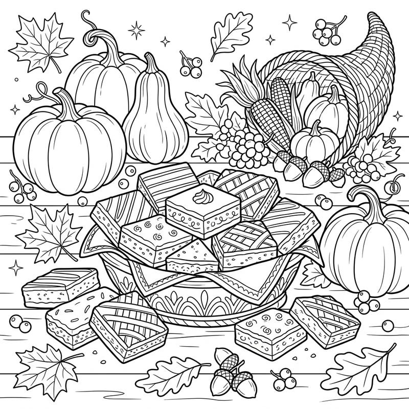 Get ready for a delicious holiday activity with this festive Thanksgiving bar cookies coloring page! It features a bountiful arrangement of sweet treats alongside classic harvest decorations, inviting you to add vibrant colors to your celebration.