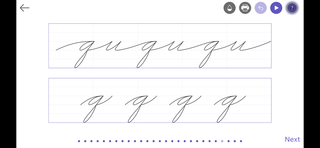 Calligraphy: Cursive Writing - A digital cursive writing practice session for the letter g in the Calligraphy app interface.