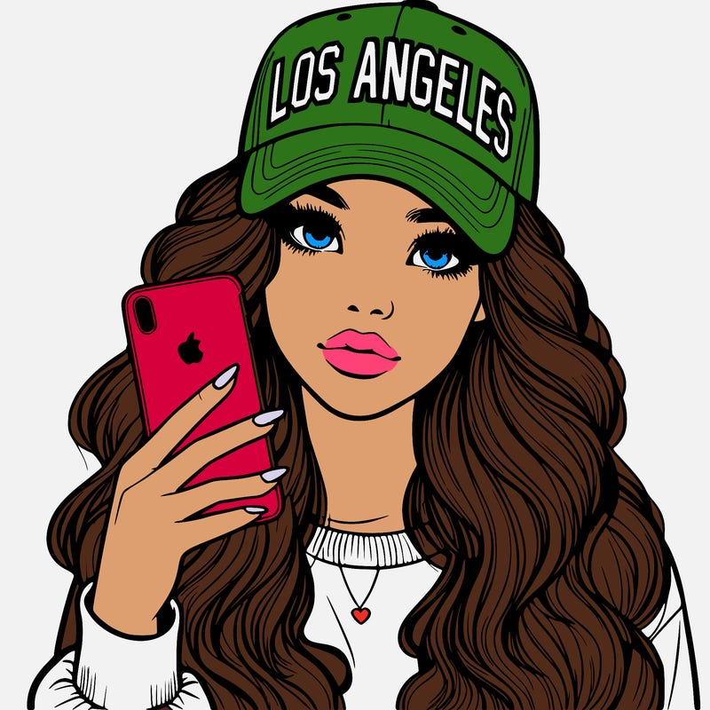realistic beautiful girl wearing los ángeles cap holding an iphone