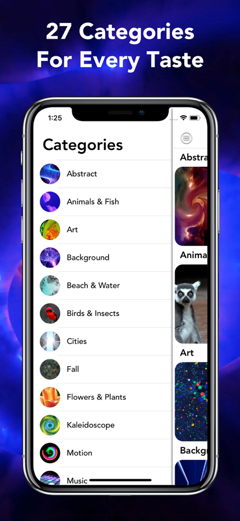 A list of twenty seven wallpaper categories in the mobile app