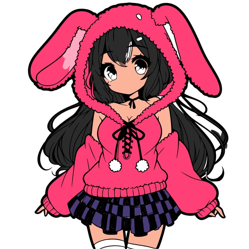 pretty anime girl wearing a fluffy hoodie with bunny ears on the hood and a skirt