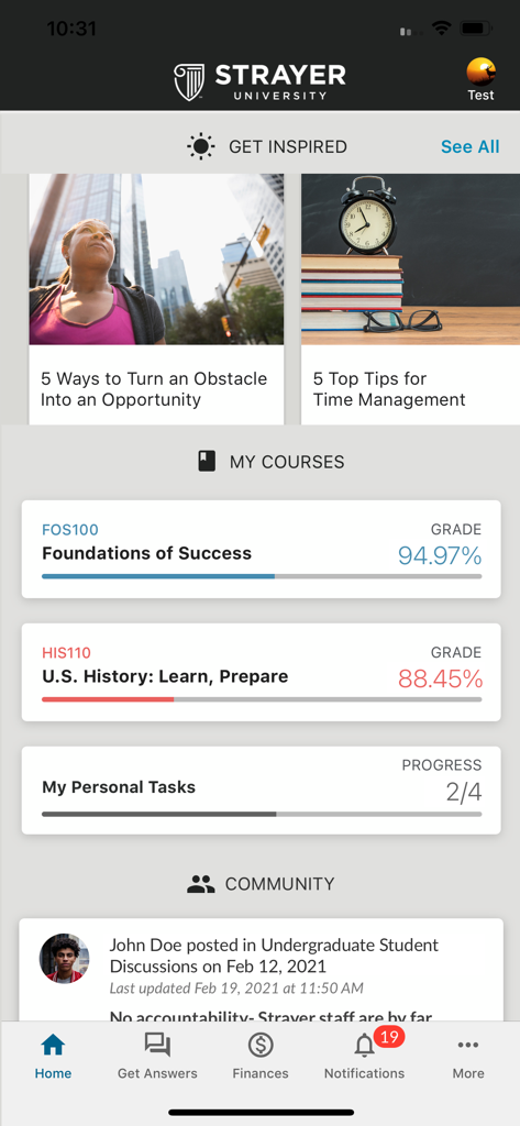 Strayer - Strayer University mobile app home screen showing course grades and personal tasks
