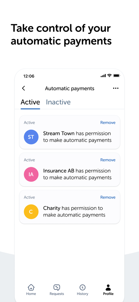 A mobile screen from the Swish app displaying a list of active automatic payments for various services like streaming and insurance.