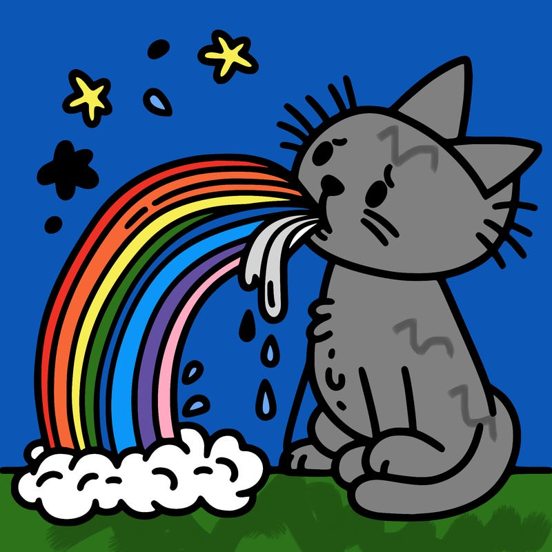 a cat puking a rainbow
