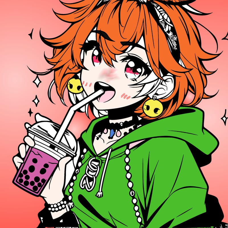 hot baddie anime girl drinking boba and biting the straw
