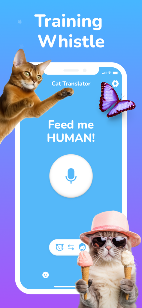Cat Simulator - Сhat Meow - Screenshot of the Cat Simulator app showing the translator interface with funny cat characters and a training whistle label