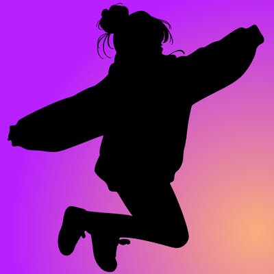 realistic girl jumping with a bun and oversized sweatshirt