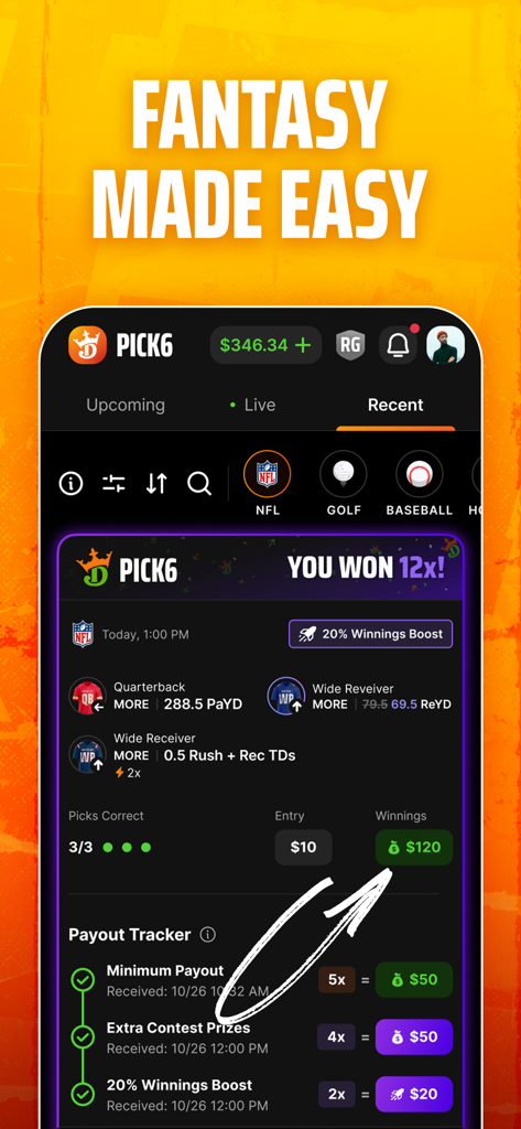 Pick6 DraftKings Fantasy Picks - DraftKings Pick6 app interface displaying a winning fantasy sports entry with a payout tracker