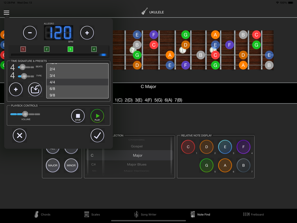 StringMaster Uke - Interface of the StringMaster Uke app on iPad showing metronome settings and the C Major scale on a ukulele fretboard.