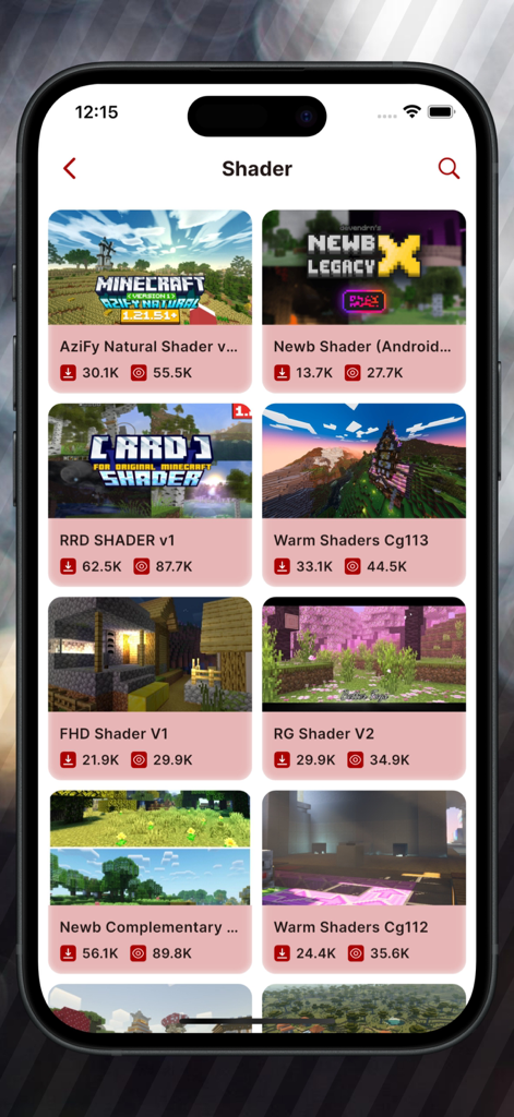 A menu showing various realistic shader mods for Minecraft Pocket Edition within the Mimicer Mods app