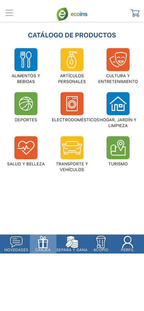 ecoins-eco - A screenshot of the ecoins app product catalog displaying various categories for redeeming recycling rewards.