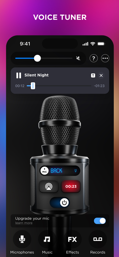 My Microphone: Voice Amplifier - Interface of the My Microphone app showing the voice tuner and recording controls
