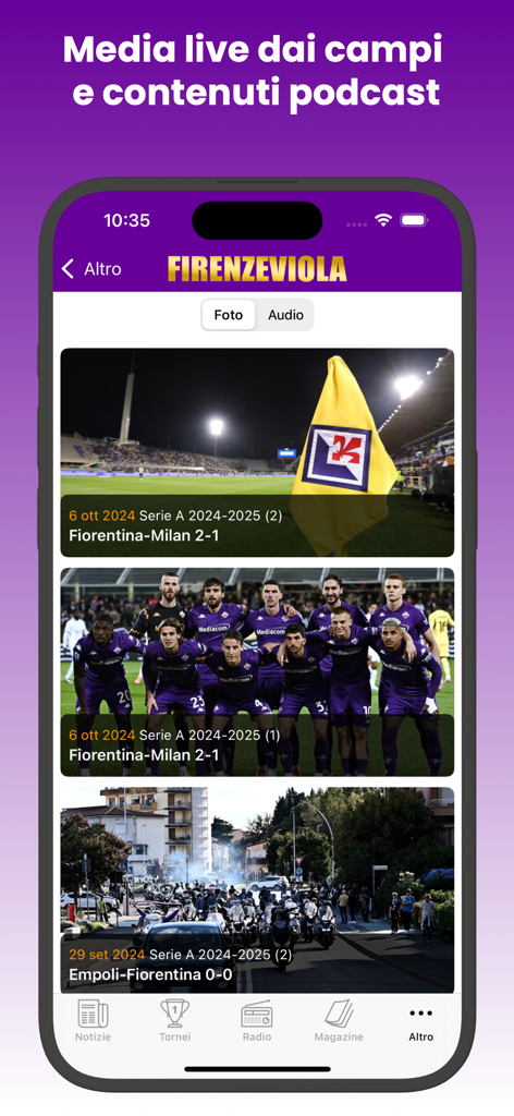 FirenzeViola.it - FirenzeViola app displaying a gallery of ACF Fiorentina soccer match photos and media content