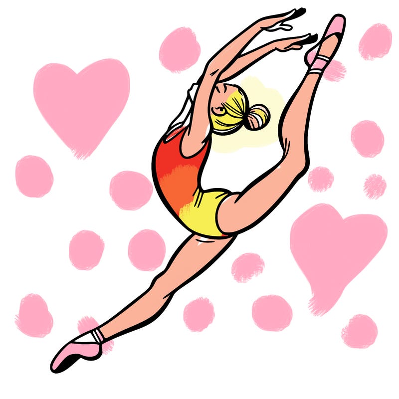 gymnast doing a leap in a leotard with a bent back leg