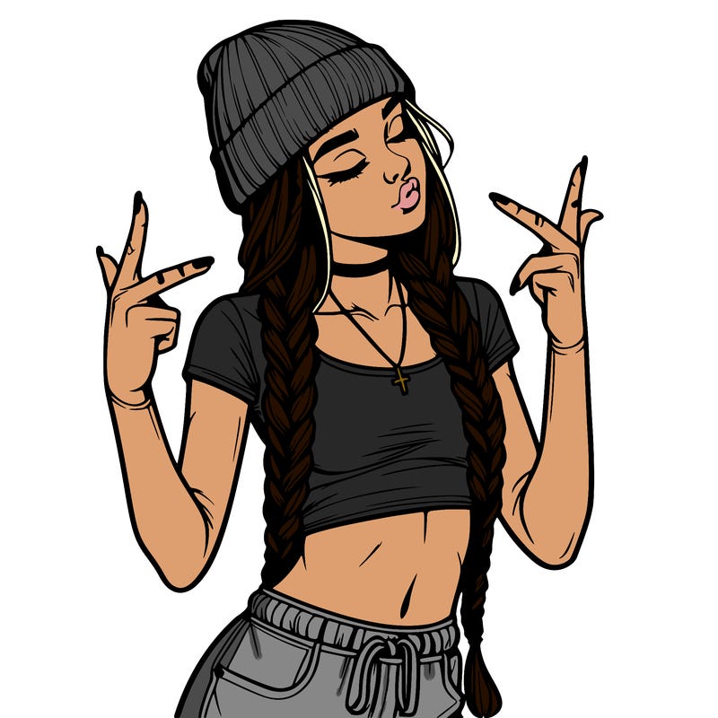 realistic teenage girl with braids and a beanie and crop top doing 🫶🏼