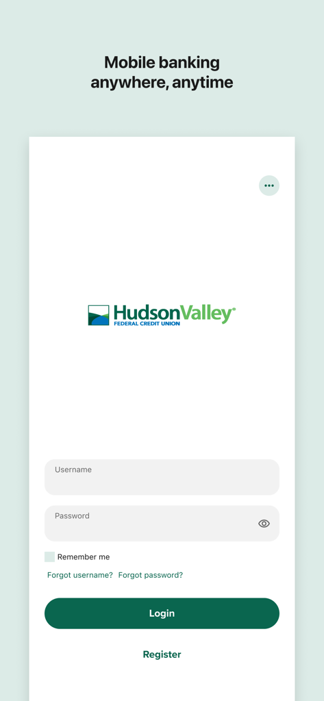 Hudson Valley CU Mobile - Login screen of the Hudson Valley Credit Union mobile app showing username and password fields