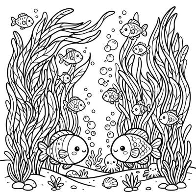 Bring a vibrant underwater world to life with this adorable kawaii eelgrass coloring page, perfect for kids. Featuring smiling fish, playful bubbles, and lush ocean plants, it promises hours of imaginative coloring fun.