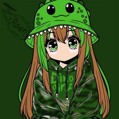 girl with anime shaped eyes with a dinosaur bucket hat oversized sweatshirt long straight hair