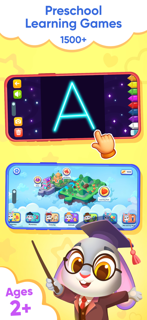 Preschool Games 2 4 Year Old - Interfaz de juegos de aprendizaje preescolar de Binky Academy que muestra trazos de letras y un mapa de actividades educativas para niños de 2 años en adelante.