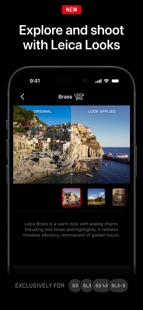 Leica FOTOS app screen showing a split view comparison of the Leica Brass look on a coastal landscape photo
