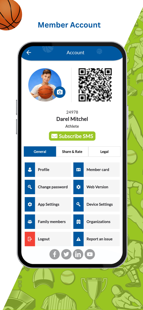 Écran de profil d'athlète SportsPlus présentant un code QR du membre et les options de gestion de compte.