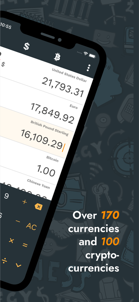 Mobile app interface showing real-time conversion rates for US Dollar, Euro, British Pound, and Bitcoin with a built-in keypad