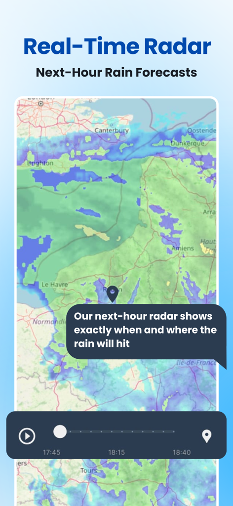 Real-time rain radar map showing next-hour precipitation forecasts.