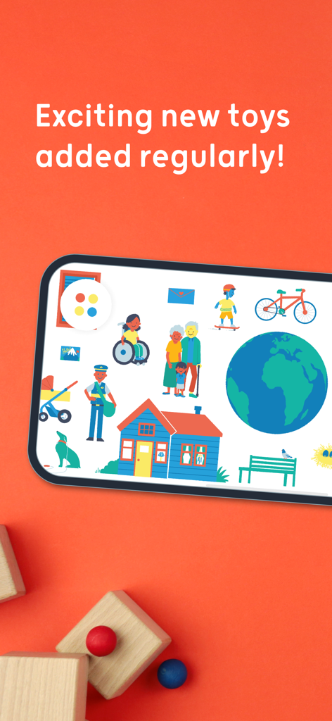 Pok Pok | Montessori Preschool - Smartphone displaying the Pok Pok Montessori app interface with various colorful toy icons next to wooden blocks