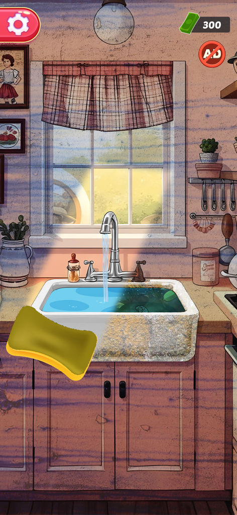 Cleaning a dirty kitchen sink with a sponge in Satisclean ASMR game