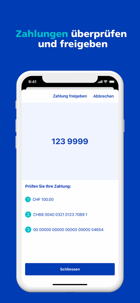 ZKB Access - ZKB Access app screenshot showing the payment verification and authorization screen with a security code