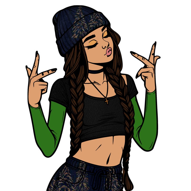 realistic teenage girl with braids and a beanie and crop top doing 🫶🏼