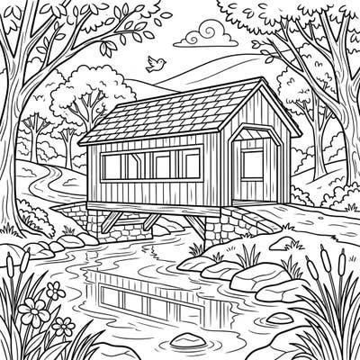 Step into a peaceful countryside scene with this beautiful covered bridge coloring page, thoughtfully designed for seniors. Its clear lines and detailed natural surroundings offer a relaxing and engaging artistic experience.