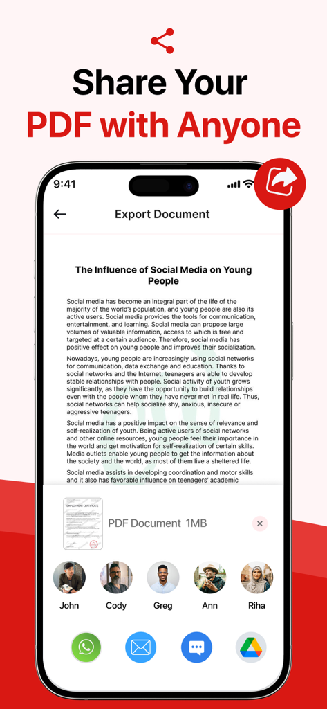 Scanova: PDF Scanner App - Pantalla de exportación de la aplicación Scanova mostrando opciones para compartir un documento PDF con contactos y varias aplicaciones móviles.