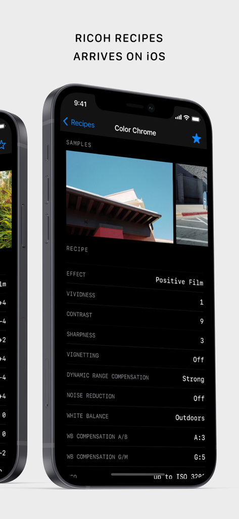 Ricoh Recipes — JPEG Settings - Tela de smartphone mostrando a interface do aplicativo Ricoh Recipes com configurações de configuração JPEG como efeito Positive Film e contraste