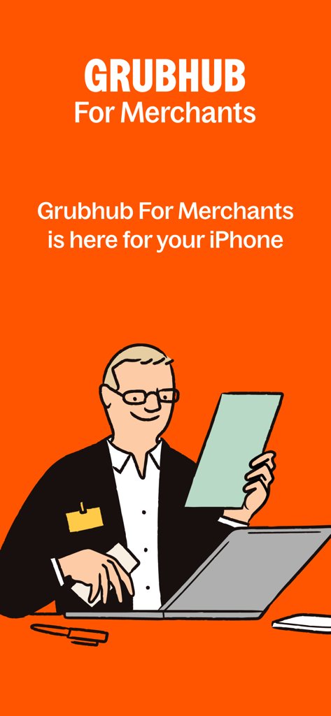 Tela de introdução para o aplicativo Grubhub for Merchants mostrando um proprietário de restaurante usando um laptop.