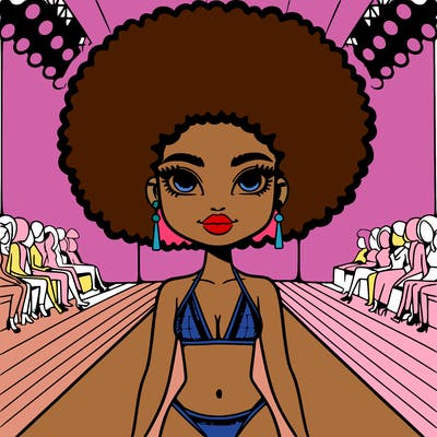 swimsuit model with afro on a runway